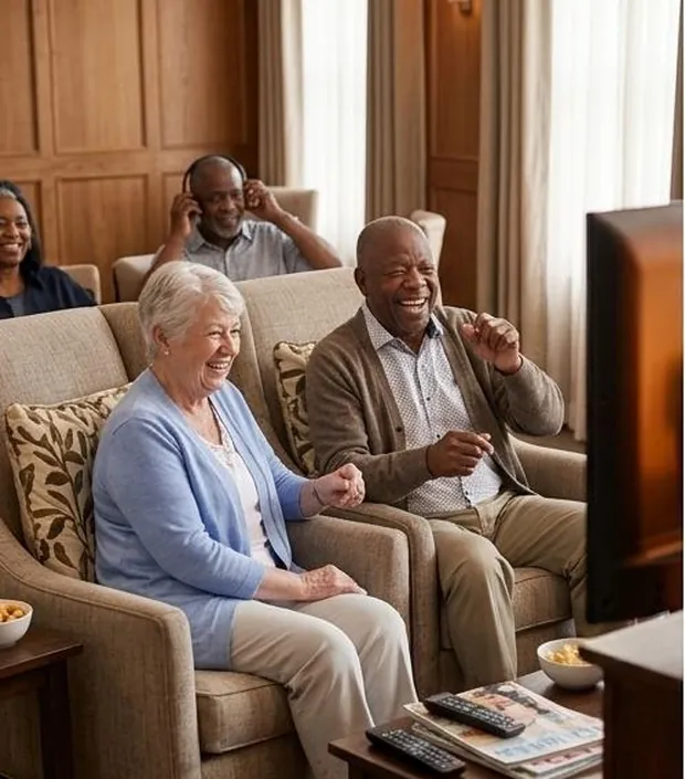 Adults relaxing together in a comfortable shared lounge.