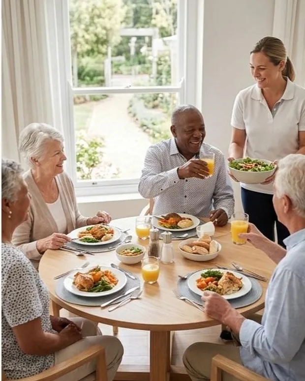 Adults sharing a meal together at a sunlit dining table.